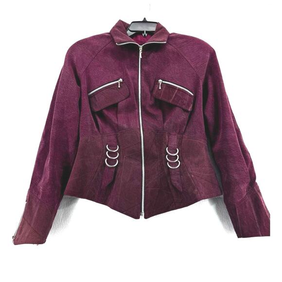 Vintage IIF Burgundy O-Ring Zip Moto Jacket Y2K Grunge Goth Punk Women’s M - Picture 1 of 6